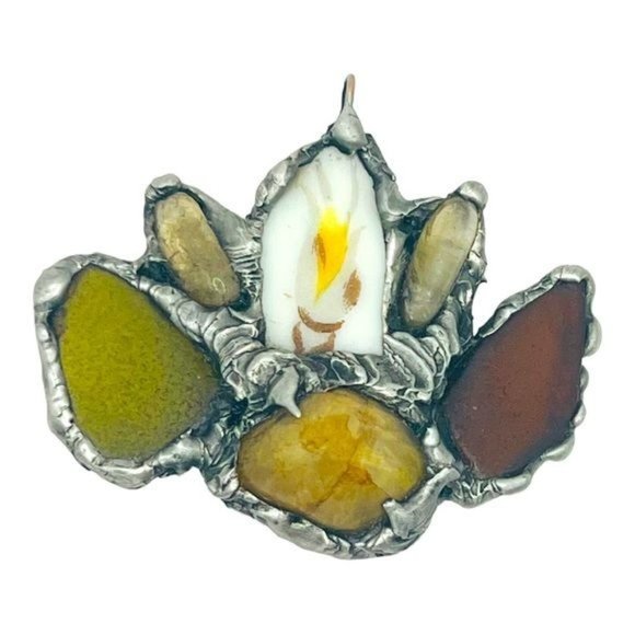 Citrine Sea Glass & Broken China Artisan Pendant Vintage Triple Chain Necklace - Picture 6 of 16